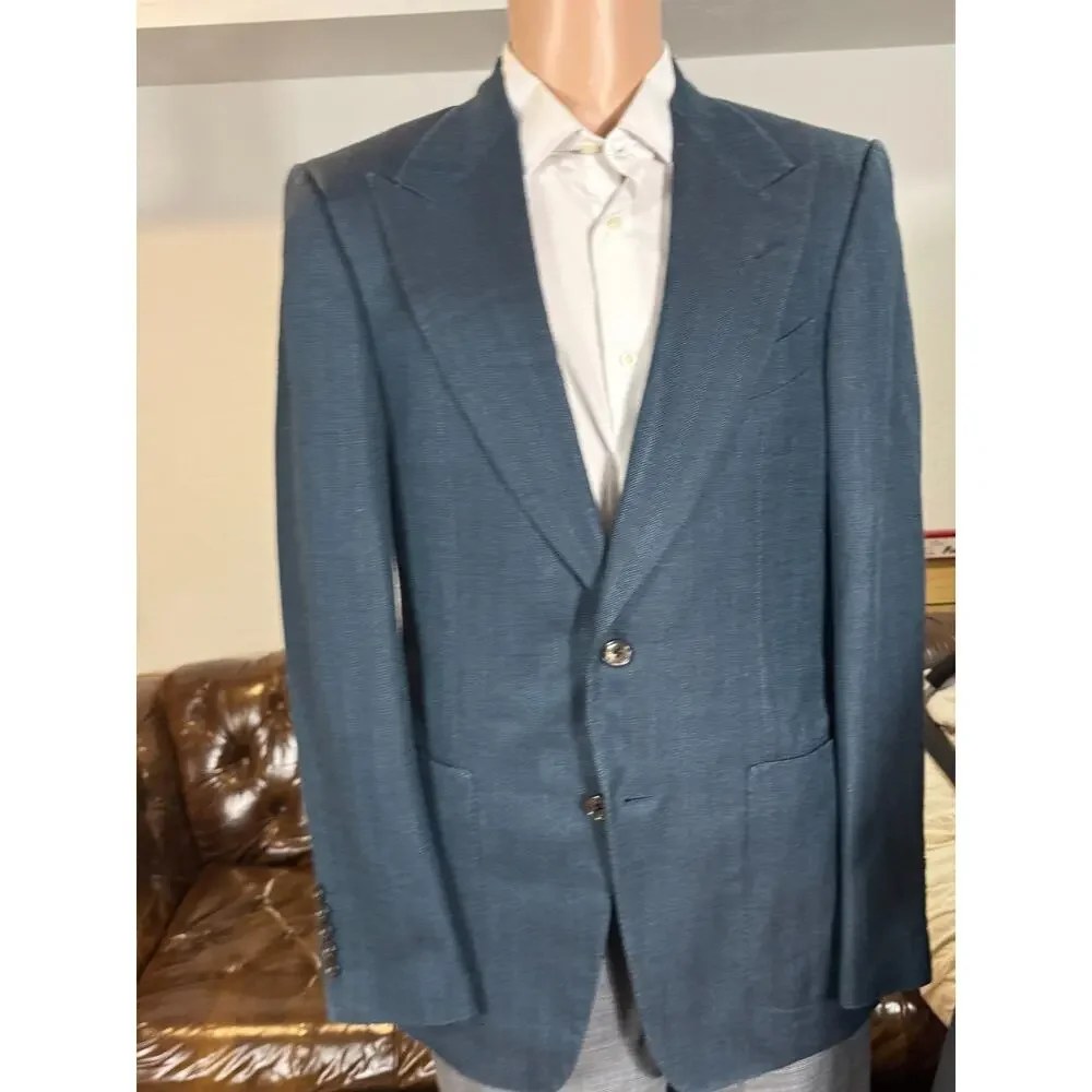 Tom Ford Teal Herringbone Silk Mohair Blazer Sportcoat 40R Peak Lapel Windsor